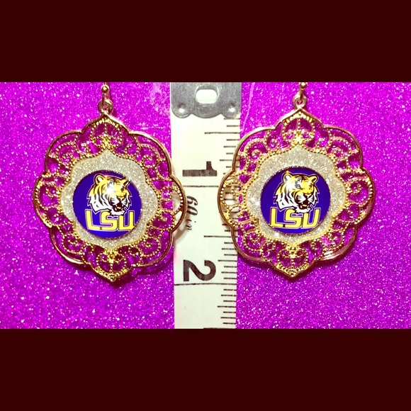 Gold Filigree Metal Glitter LSU Tigers Earrings - Picture 1 of 1